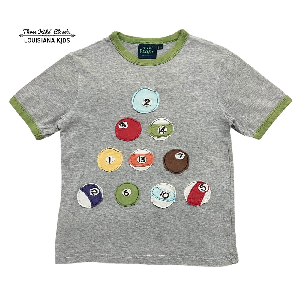 Mini Boden 5-6Y Gray Pool Billiards Appliqué Ringer Tee Shirt
